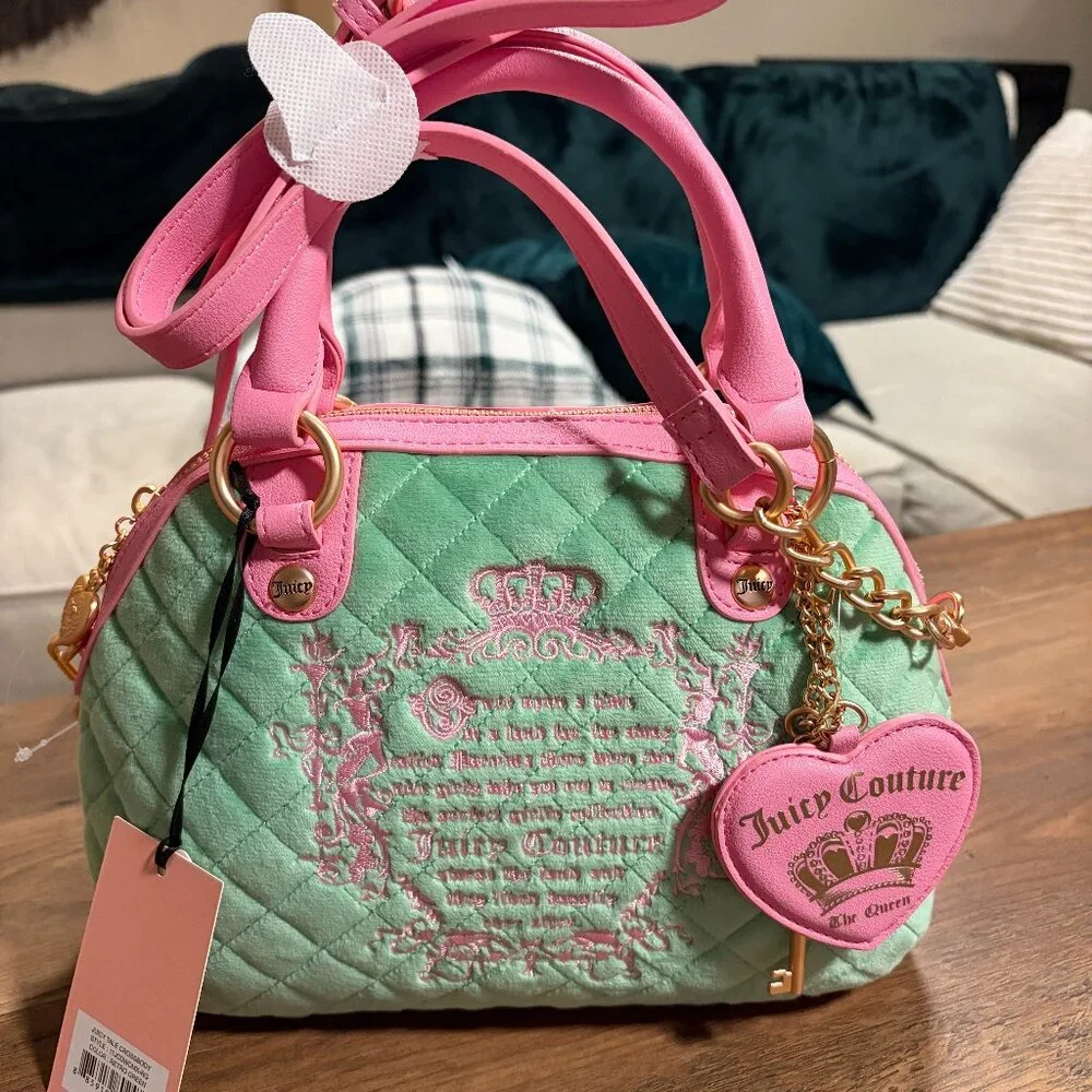 Juicy Couture Mint & Pink Quilted Satchel Bag with Heart Charm NWT